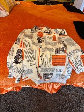 New York & Company Button-Up Blouse — White with Orange and Black Print
